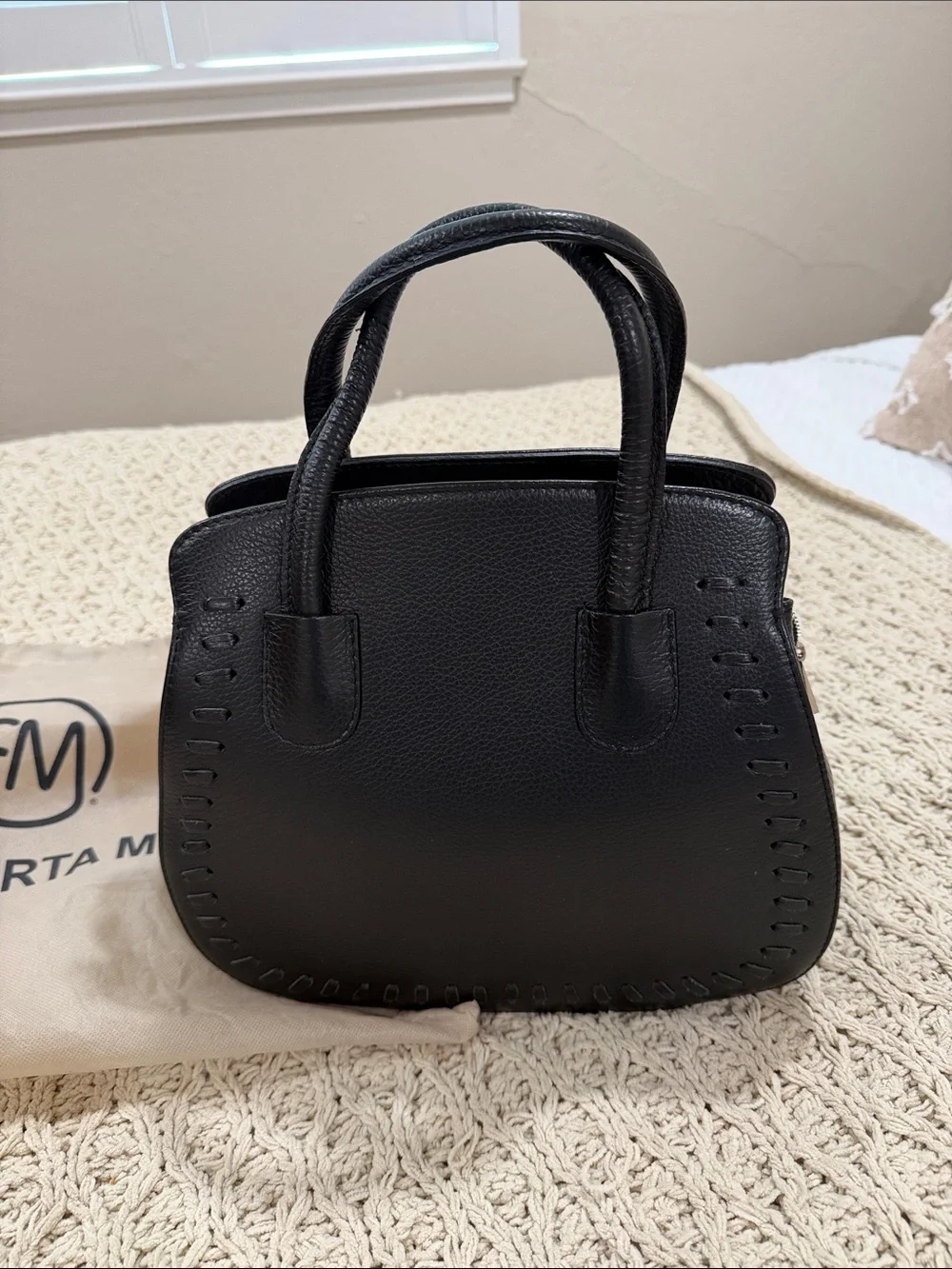 Roberta M Black Leather Top-Handle Bag with long strap for crossbody